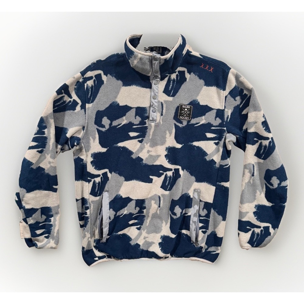 Bauer Hockey Fleece 1/4 Snap Button Camo Blue Sz M Pullover Zip Pockets